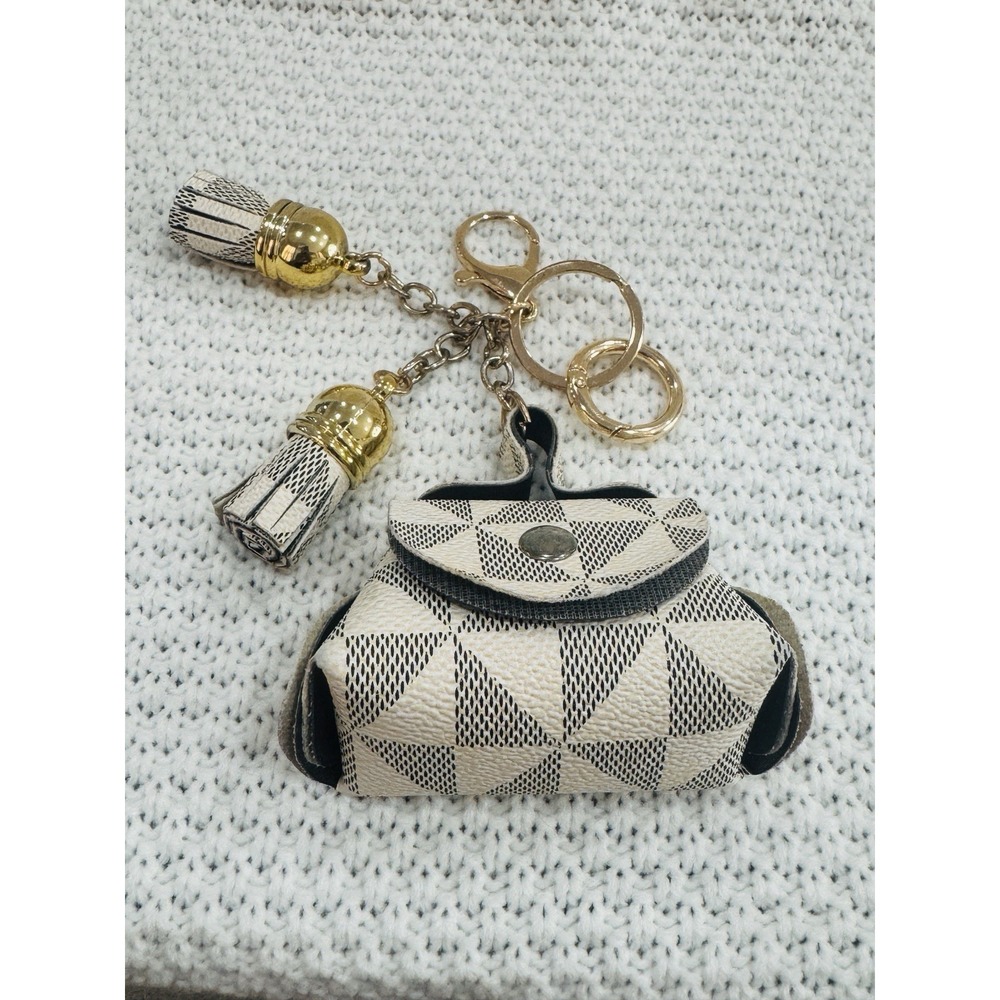 Mini Purse Coin Pouch Keychain Checkered Bag Charm Double Tassel Gold Tone